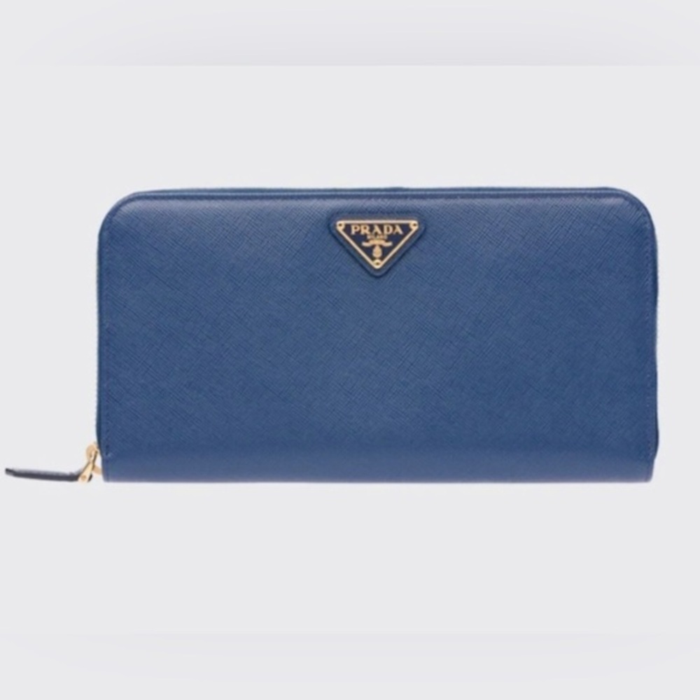 Prada Saffiano Long Zip Around Bluette Wallet EUC!